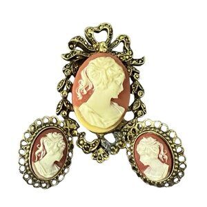 Vintage Cameo Brooch And Clip On Earrings Set Victorian Style Gold Tone Unsigned